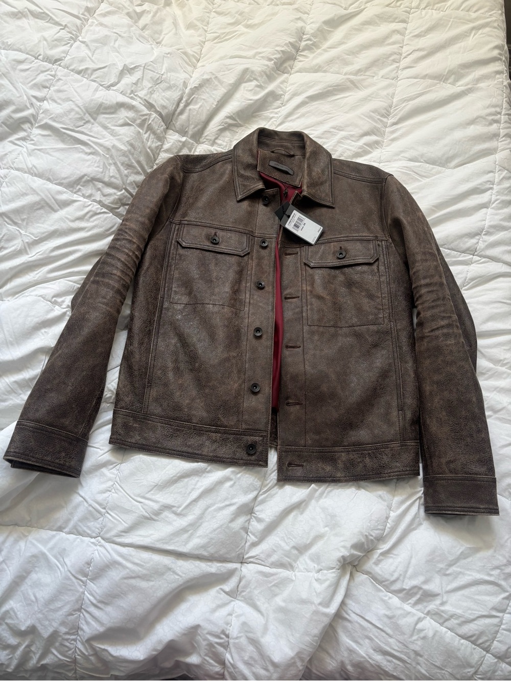 John Varvatos Brown Leather Jacket with Burgundy Interior
